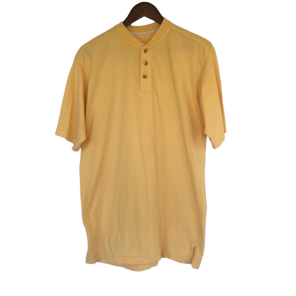 Vintage Mens Henley 3 Button T Shirt Short Sleeve Heavy Duty Cotton Yellow Large